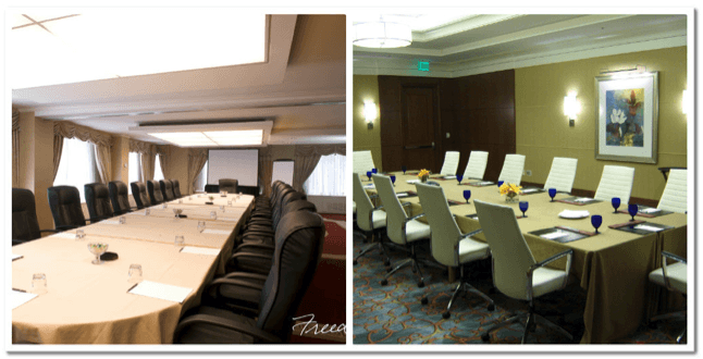 two different office conference rooms pictured side by side